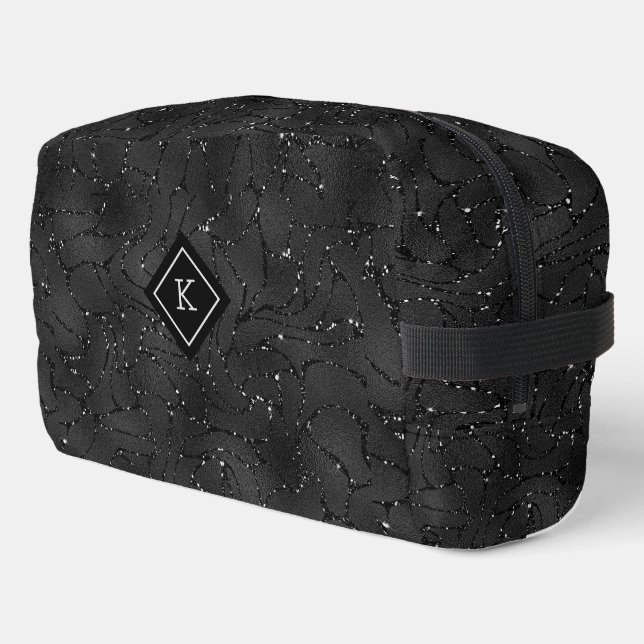 Luxury Black Background White Sparkles Monogram Dopp Kit (Left Corner)