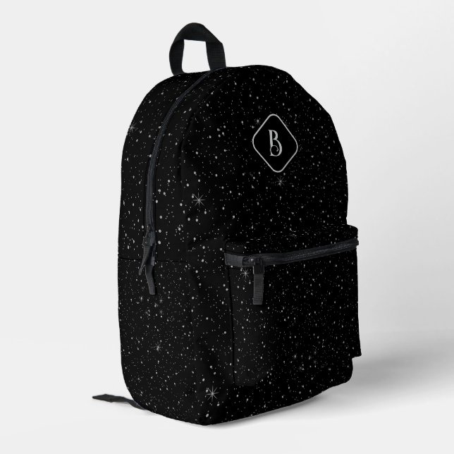 Luxury Black Background White Sparkles Monogram Printed Backpack (Back Corner Left)