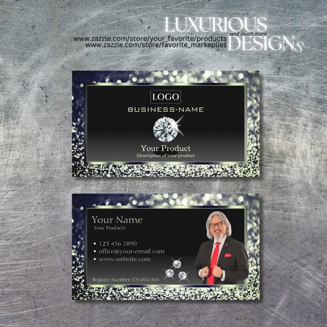 Luxury Black Blue Glitter with Logo Diamonds Photo Business Card (Creator Uploaded)