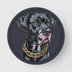 Luxury Black Dog With Gold Chain Round Clock