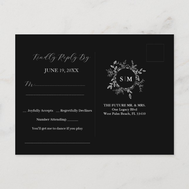 Luxury Black Elegant Wedding RSVP Postcard (Back)