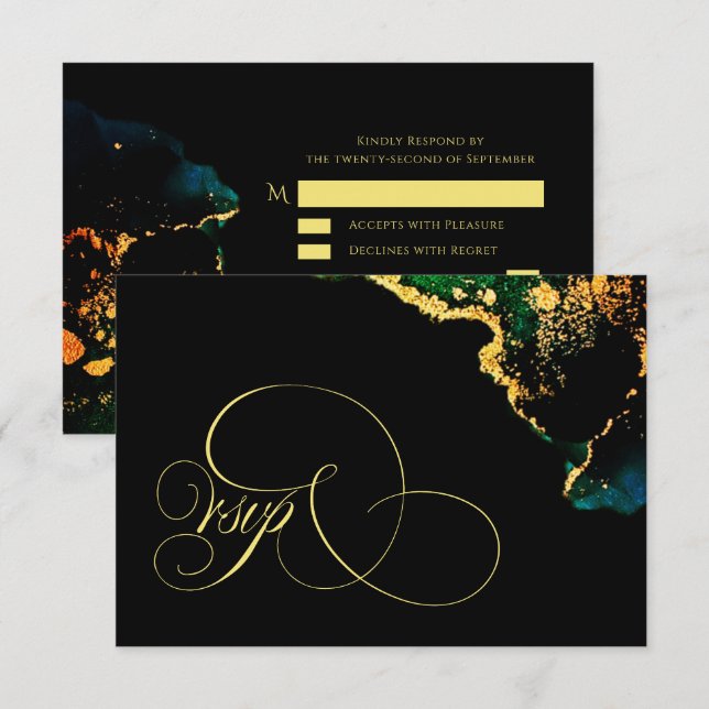 Luxury Black Emerald Gold Wedding  RSVP Card (Front/Back)