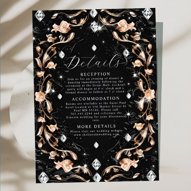Luxury Black Floral Diamonds Wedding Enclosure Card (Creator Uploaded)
