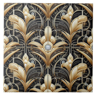 Luxury Black & Gold Art Deco Ceramic Tile 