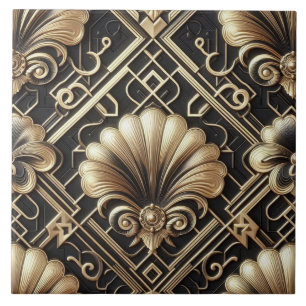 Luxury Black & Gold Art Deco Ceramic Tile 