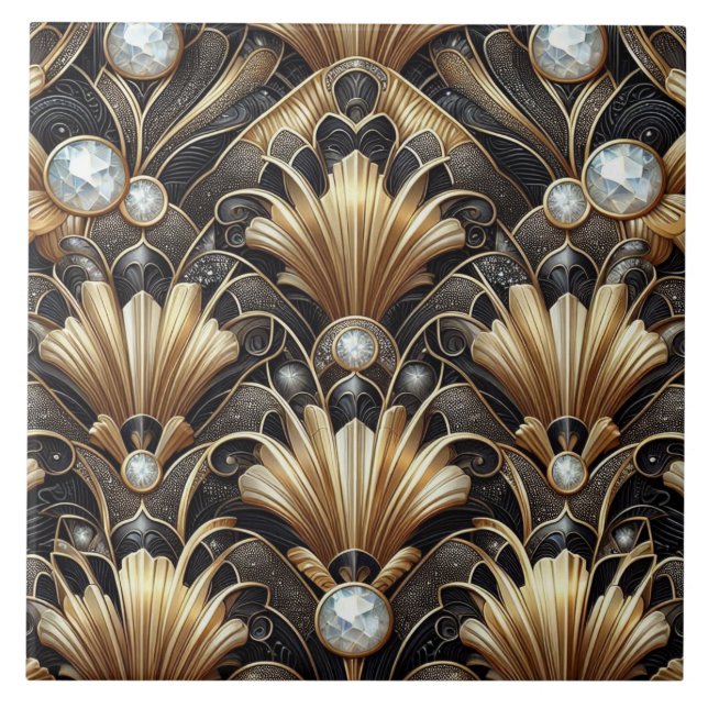 Luxury Black & Gold Art Deco Ceramic Tile  (Front)