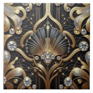 Luxury Black & Gold Art Deco Ceramic Tile 