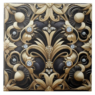 Luxury Black & Gold Art Deco Ceramic Tile 