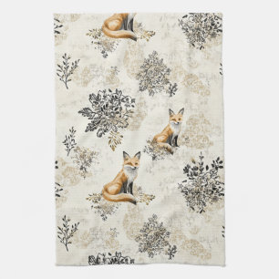 Luxury Black & Gold Botanical Fox Art (1) Kitchen Towel