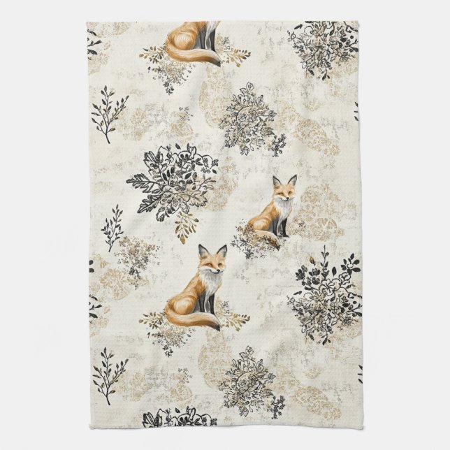 Luxury Black & Gold Botanical Fox Art (1) Kitchen Towel (Vertical)
