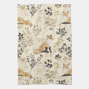 Luxury Black & Gold Botanical Fox Art (2) Kitchen Towel