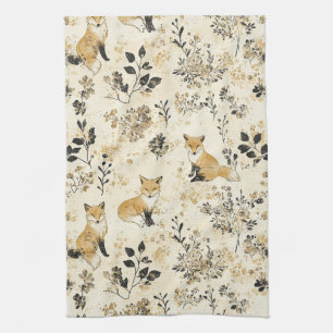 Luxury Black & Gold Botanical Fox Art (3) Kitchen Towel