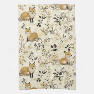 Luxury Black & Gold Botanical Fox Art (4) Kitchen Towel