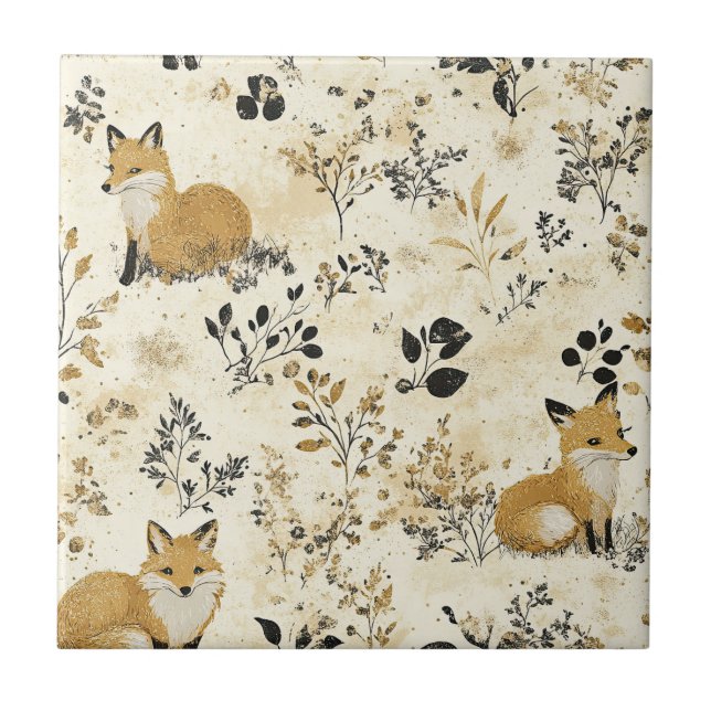Luxury Black & Gold Botanical Fox Art (4) Tile (Front)