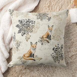 Luxury Black & Gold Botanical Fox Art Throw Pillow