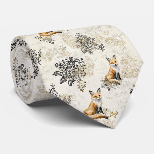 Luxury Black & Gold Botanical Fox Art Tie