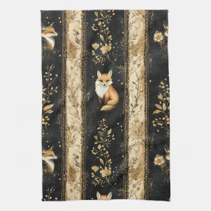 Luxury Black & Gold Botanical Fox Pattern (1) Kitchen Towel