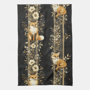 Luxury Black & Gold Botanical Fox Pattern (2) Kitchen Towel