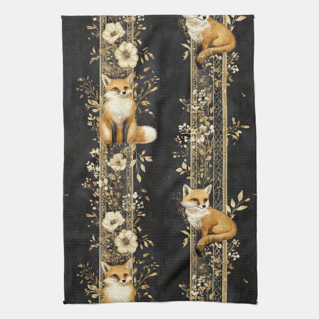 Luxury Black & Gold Botanical Fox Pattern (2) Kitchen Towel (Vertical)