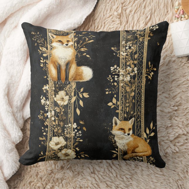 Luxury Black & Gold Botanical Fox Pattern (2) Throw Pillow (Blanket)