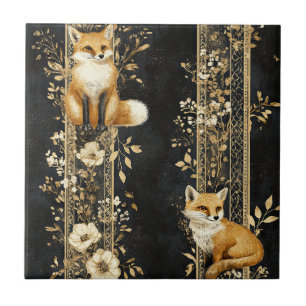 Luxury Black & Gold Botanical Fox Pattern (2) Tile