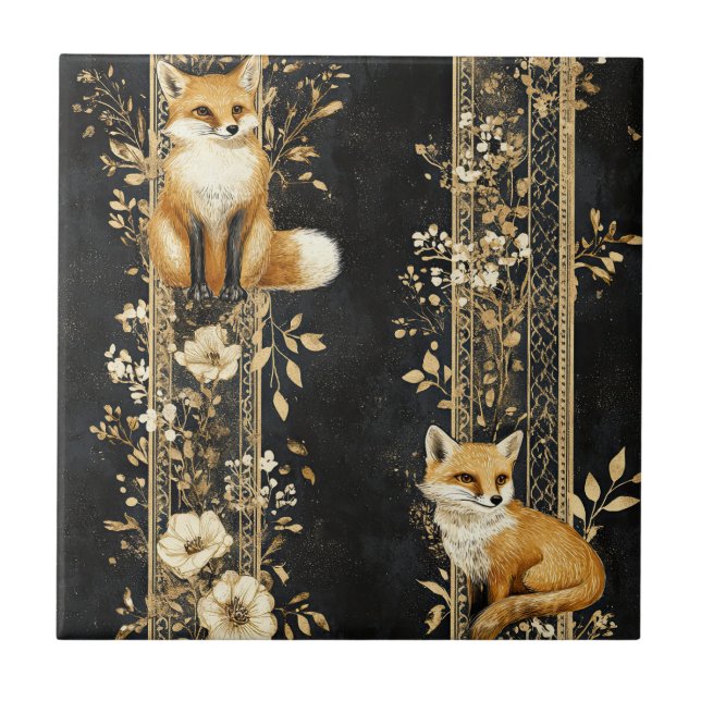 Luxury Black & Gold Botanical Fox Pattern (2) Tile (Front)