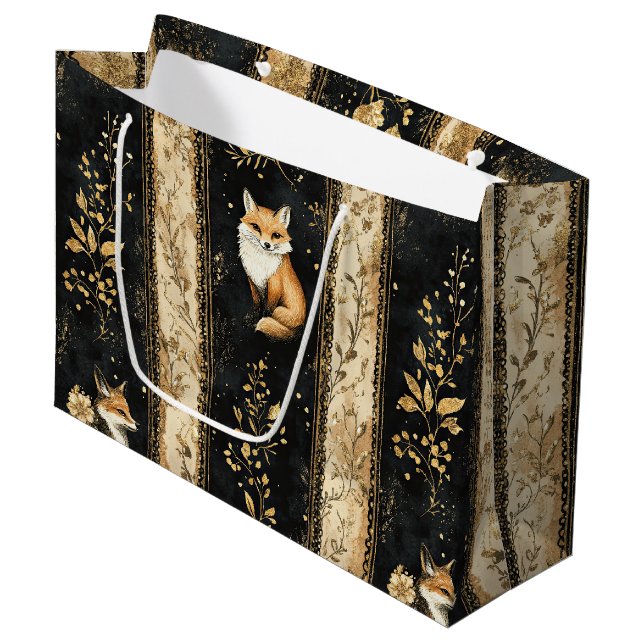 Luxury Black & Gold Botanical Fox Pattern Large Gift Bag (Front Angled)