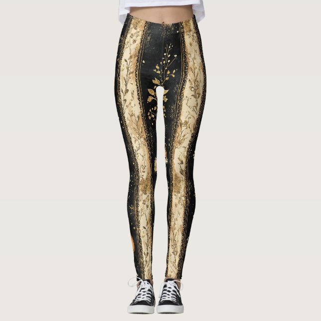 Luxury Black & Gold Botanical Fox Pattern Leggings (Front)