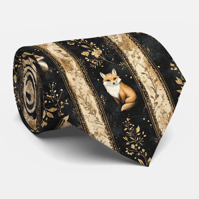Luxury Black & Gold Botanical Fox Pattern Tie (Rolled)