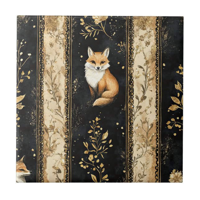 Luxury Black & Gold Botanical Fox Pattern Tile (Front)