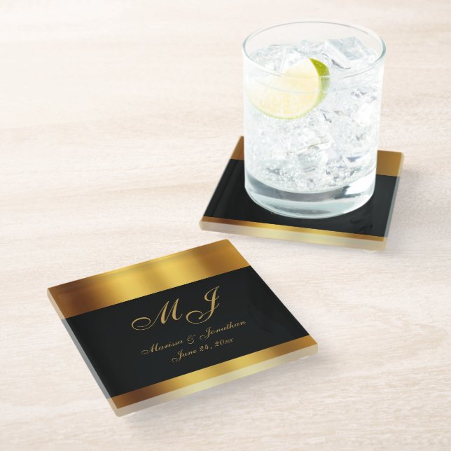 Luxury Black Gold Calligraphy Border Wedding Glass Coaster (Angled)