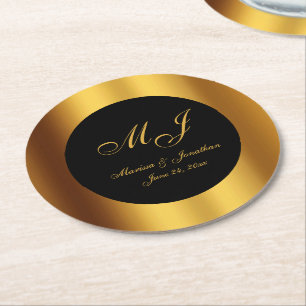 Luxury Black Gold Calligraphy Border Wedding Round Paper Coaster