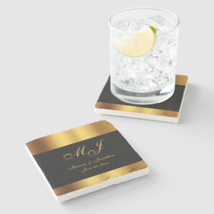 Luxury Black Gold Calligraphy Border Wedding Stone Coaster