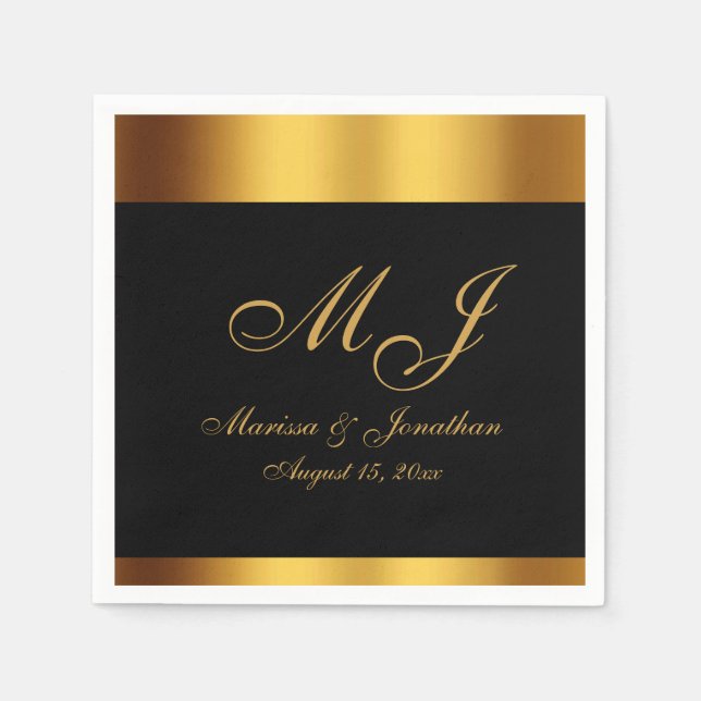 Luxury Black Gold Calligraphy Monogram Wedding Napkin (Front)