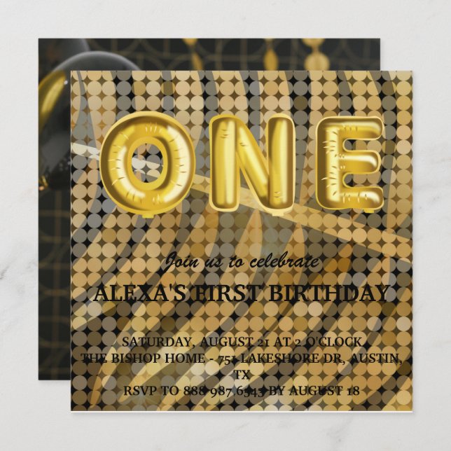 Luxury Black Gold disco Photo Birthday Invitation (Front/Back)