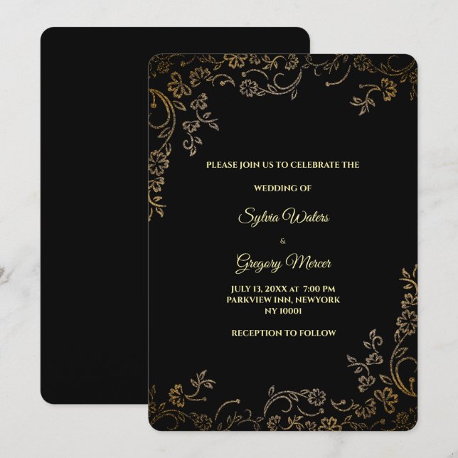 Luxury Black & Gold Elegant Floral Modern Bohemian Invitation (Front/Back)