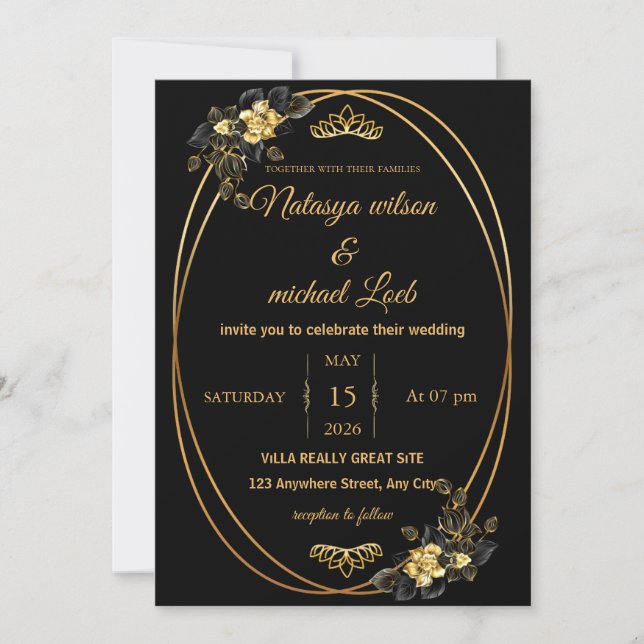 Luxury Black & Gold Floral Wedding Invitation (Front)