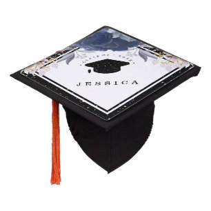 Luxury Black Gold Glitter Floral Graduation Cap Topper
