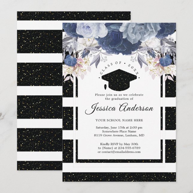 Luxury Black Gold Glitter Floral Graduation Invitation (Front/Back)