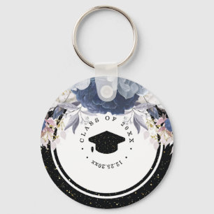 Luxury Black Gold Glitter Floral Graduation Keychain