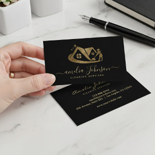 Luxury Black Gold Glitter House Cleaning Service   Business Card