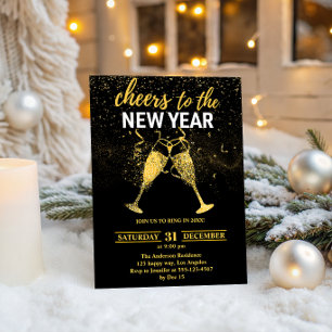 Luxury Black & Gold Glitter New Year’s Eve Party   Invitation