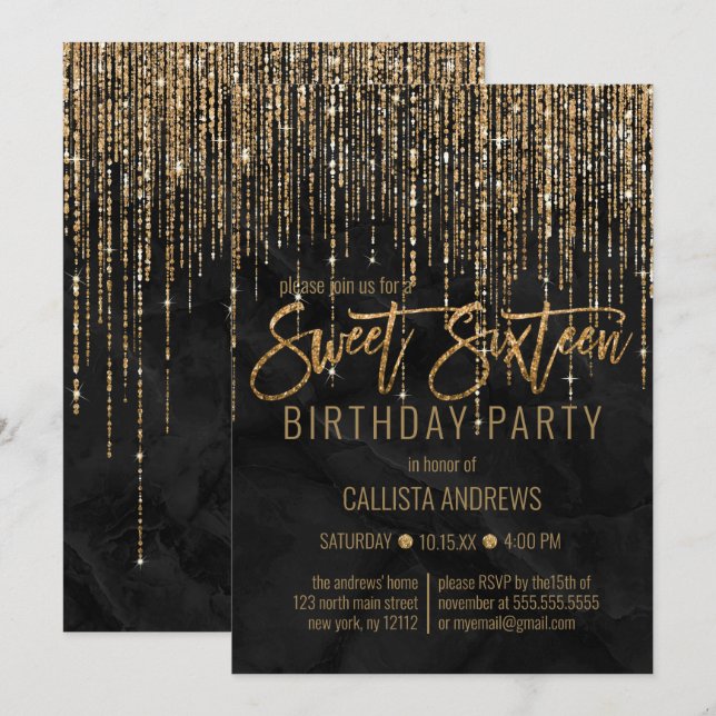 Luxury Black Gold Glitter Pearl Marble Sweet 16 Invitation (Front/Back)