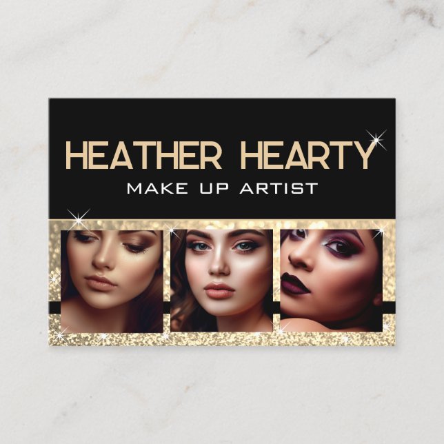 Luxury Black Gold Glitter Stars with Photo Images  Business Card (Front)