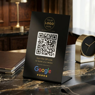 Luxury Black Gold Google Review QR Code Logo Pedestal Sign