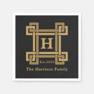 Luxury Black Gold Greek Key Monogrammed Napkin