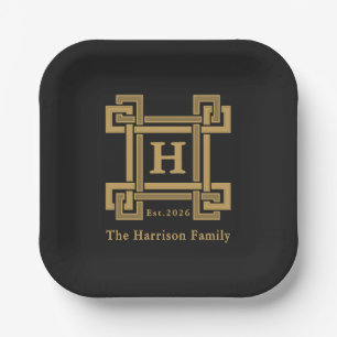 Luxury Black Gold Greek Key Monogrammed Paper Plate