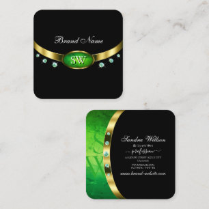 Luxury Black Gold Green Marble Rhinestone Monogram Square Business Card