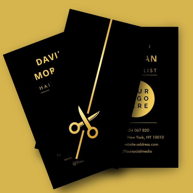 Luxury Black & Gold Hairstylist Scissors Logo Business Card (Creator Uploaded)