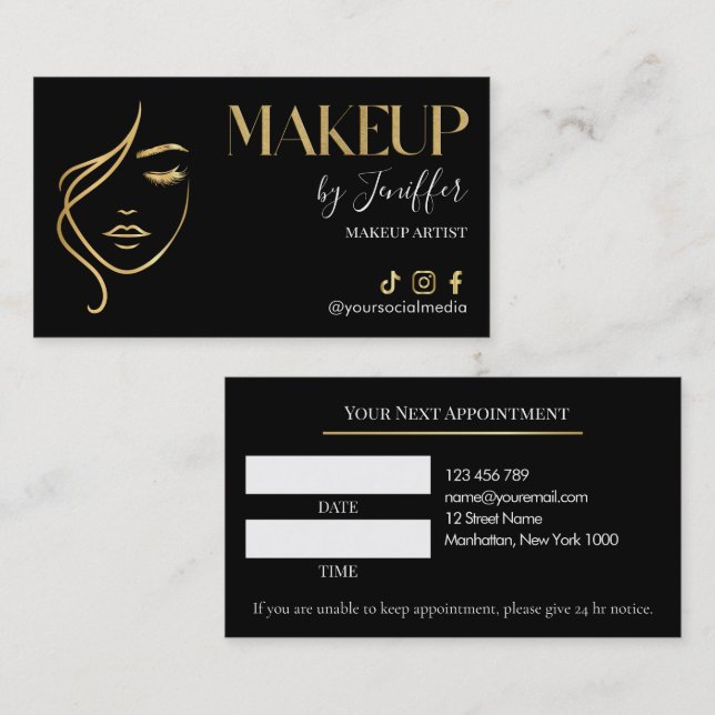 Luxury Black & Gold Makeup Appointment Card (Front/Back)